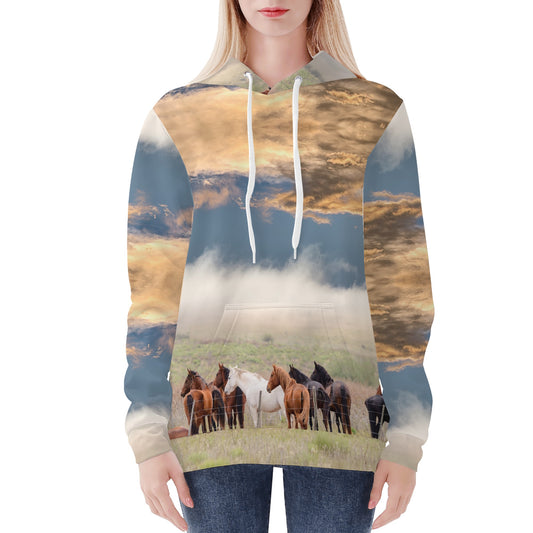 Women’s All Over Print Hoodie with Cloudy Blue Sky and Horses Design